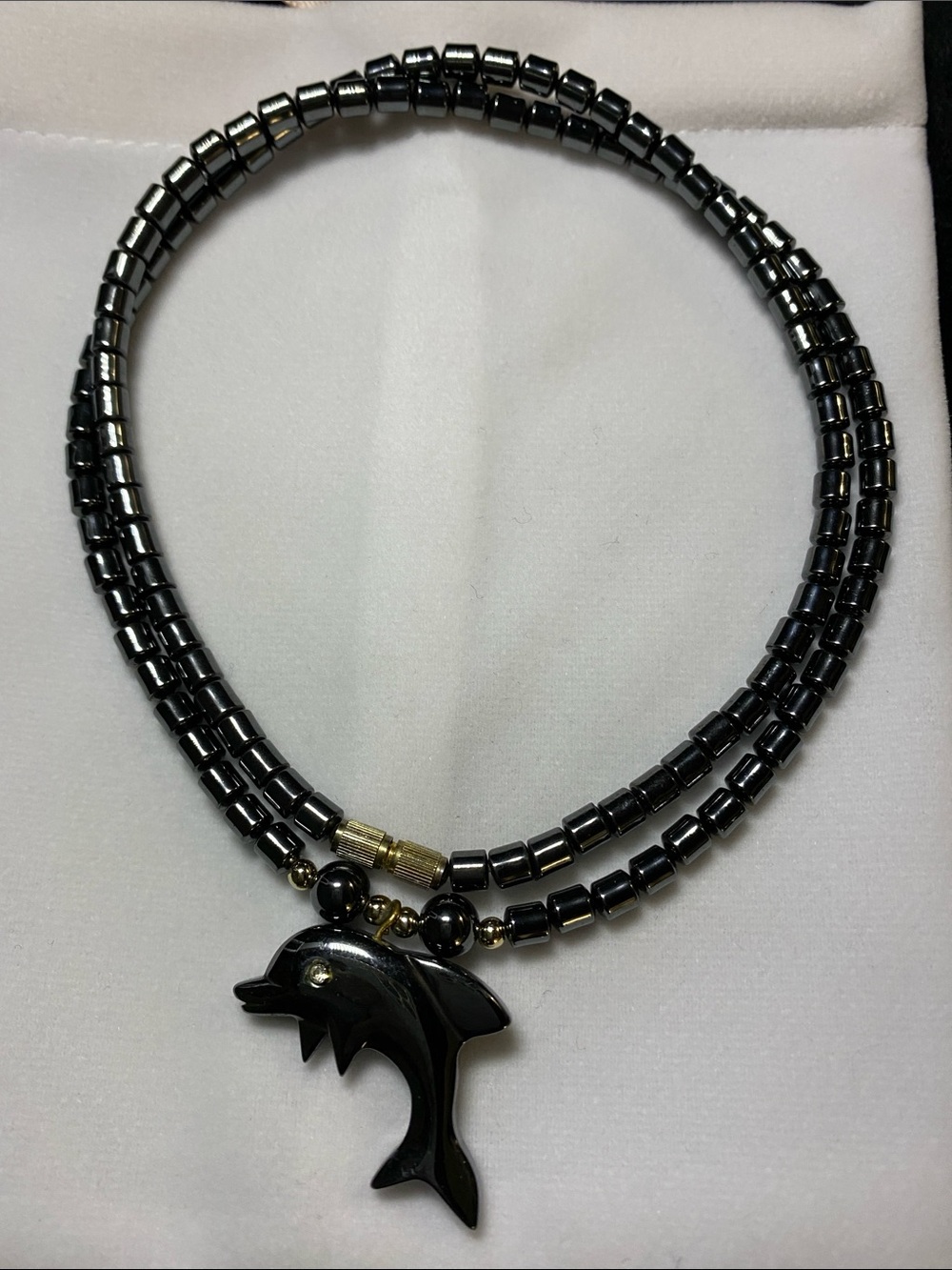 Vintage Handcrafted Dolphin Hematite Black Stone Bead Necklace Animal Gift
